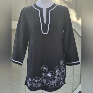 BROOKS BROTHERS Womens Tunic M Linen Cotton Floral Embroidered Hem Neck Size M